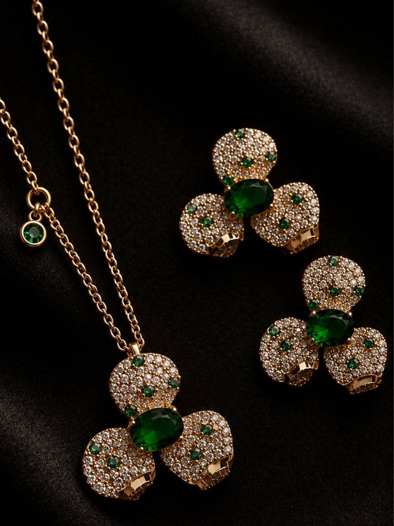 Emeralda Floral Set | 18K Gold Plated Necklace & Earrings With Pavé Cz Stones : SET949ESFS