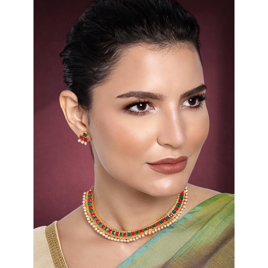 Peora Traditional Gold Plated Choker Necklace & Stud Earrings Jewellery Set For Women Girls : PF04N3391RG