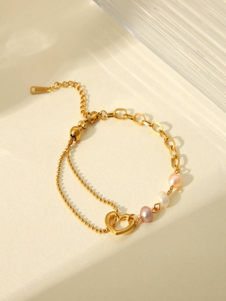 Heart Pearl Chain Bracelet 18K Gold Plated Waterproof Anti-Tarnish : AHC0925B0086