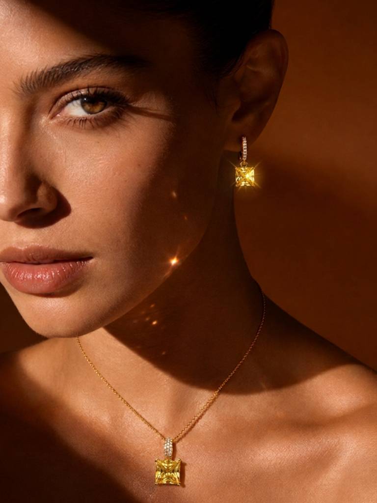 Square-Cut Pendant Necklace & Huggie Earring Set : SET1008YQSD