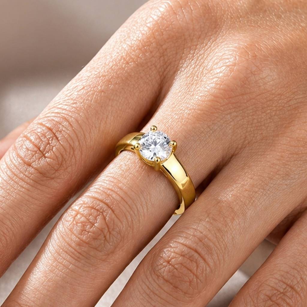 Gold-Plated Classic Solitaire Adjustable Anti-Tarnish Ring  For Women : HSPS60MB1882