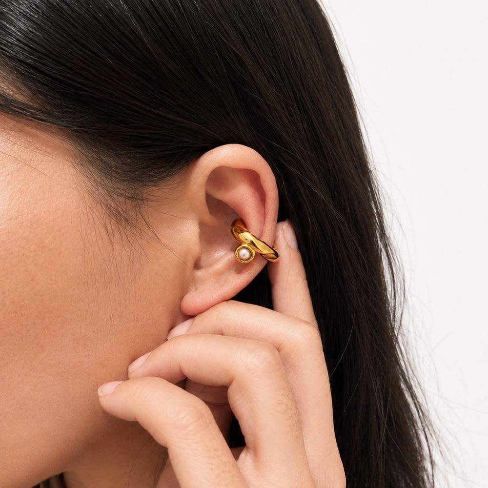 Women 18K Gold-Plated Chunky Contemporary Ear Cuff With Pearl Accent : 100061