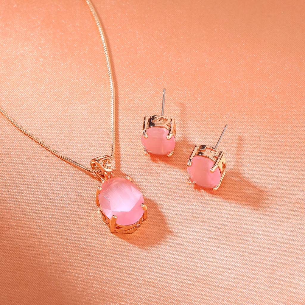 Estele Rose Gold Plated Cz Elegant Designer Pendant Set With Mint Pink Stones For Women