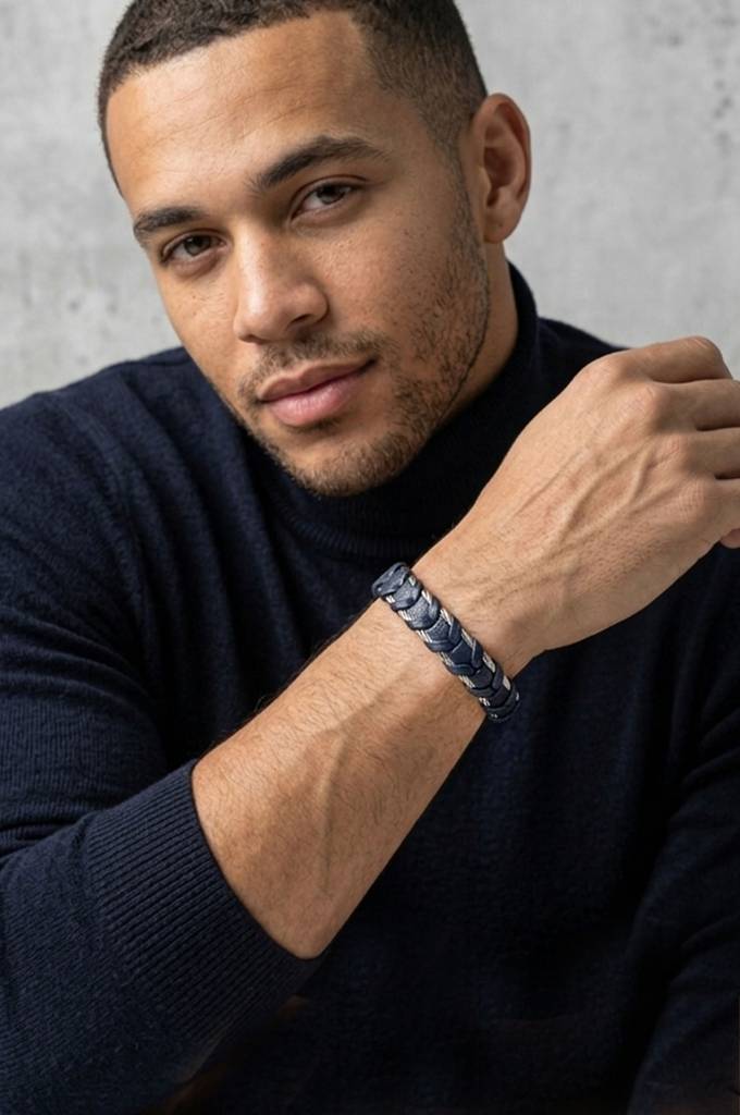 Braided Navy Blue Leather & Steel Cable Stainless Steel Bracelet : MSSLBL3D003