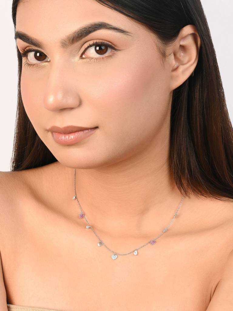925 Silver Necklace With Pink And Clear Cubic Zirconia Heart Drops And Subtle Two-Tone Accents—A Refined Silver Nec : DZNC1959