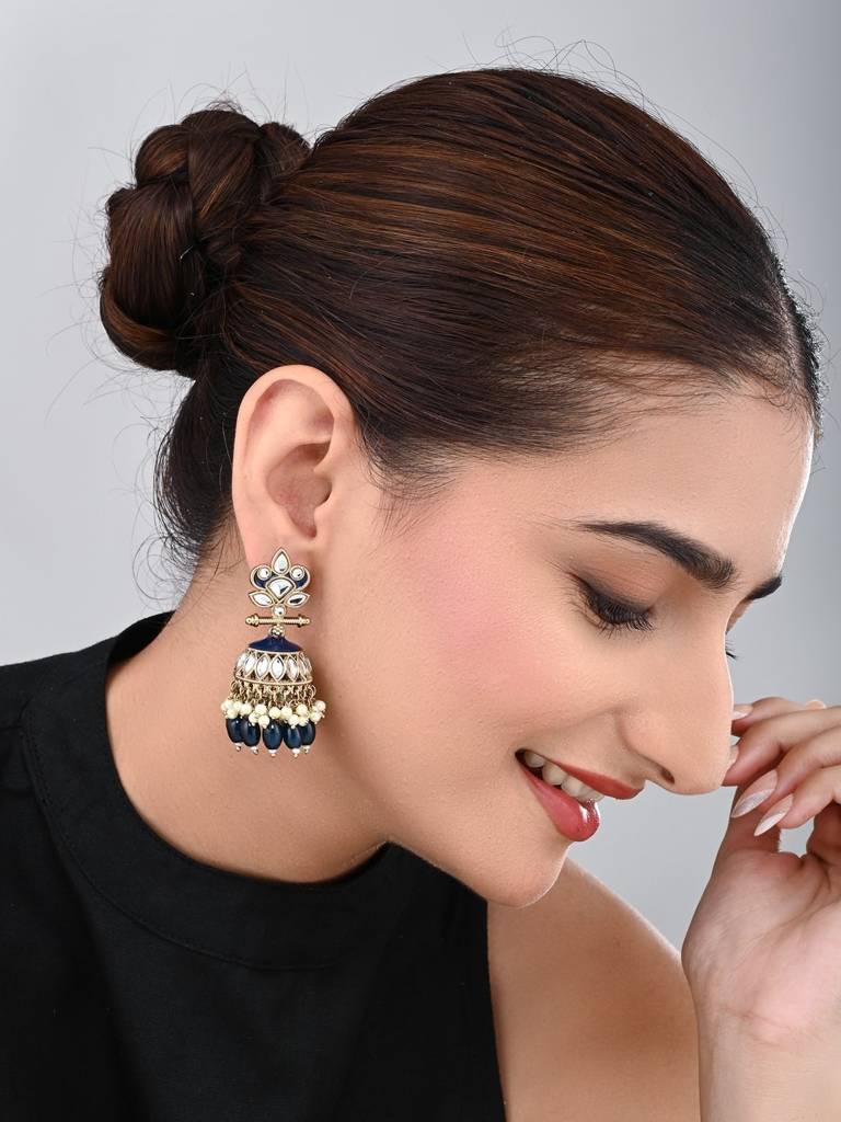 Gold Plated Kundan & Meenakari Jhumka Earrings : S24FAER411BLU