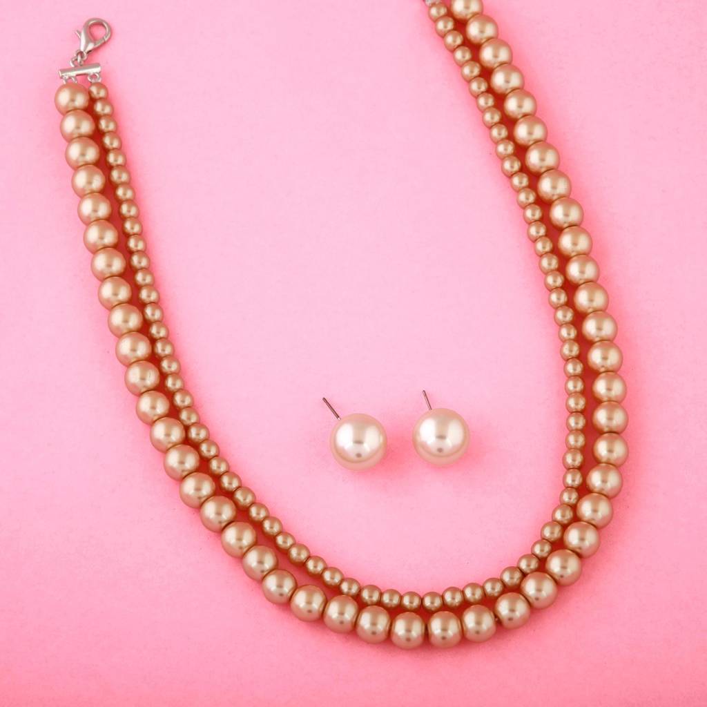 Estele Rhodium Plated Glowing Double Line Pearl Necklace Set For Women