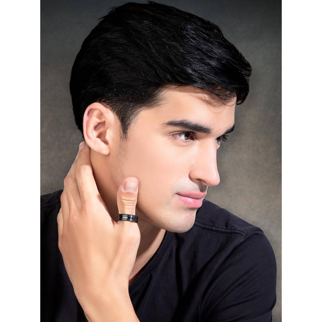 Black Tungsten Grooved Centre Polished Wedding Band Ring For Men Boys|Rakhi Rakshabandhan Gift For Sister Bhabhi,  : PX9R54-11