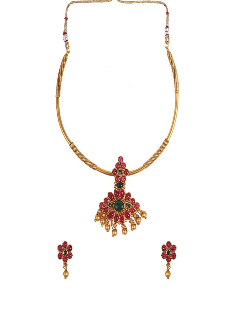 Gold Plated Ruby Green Kempu Hasli Necklace Set : Kempu106multi