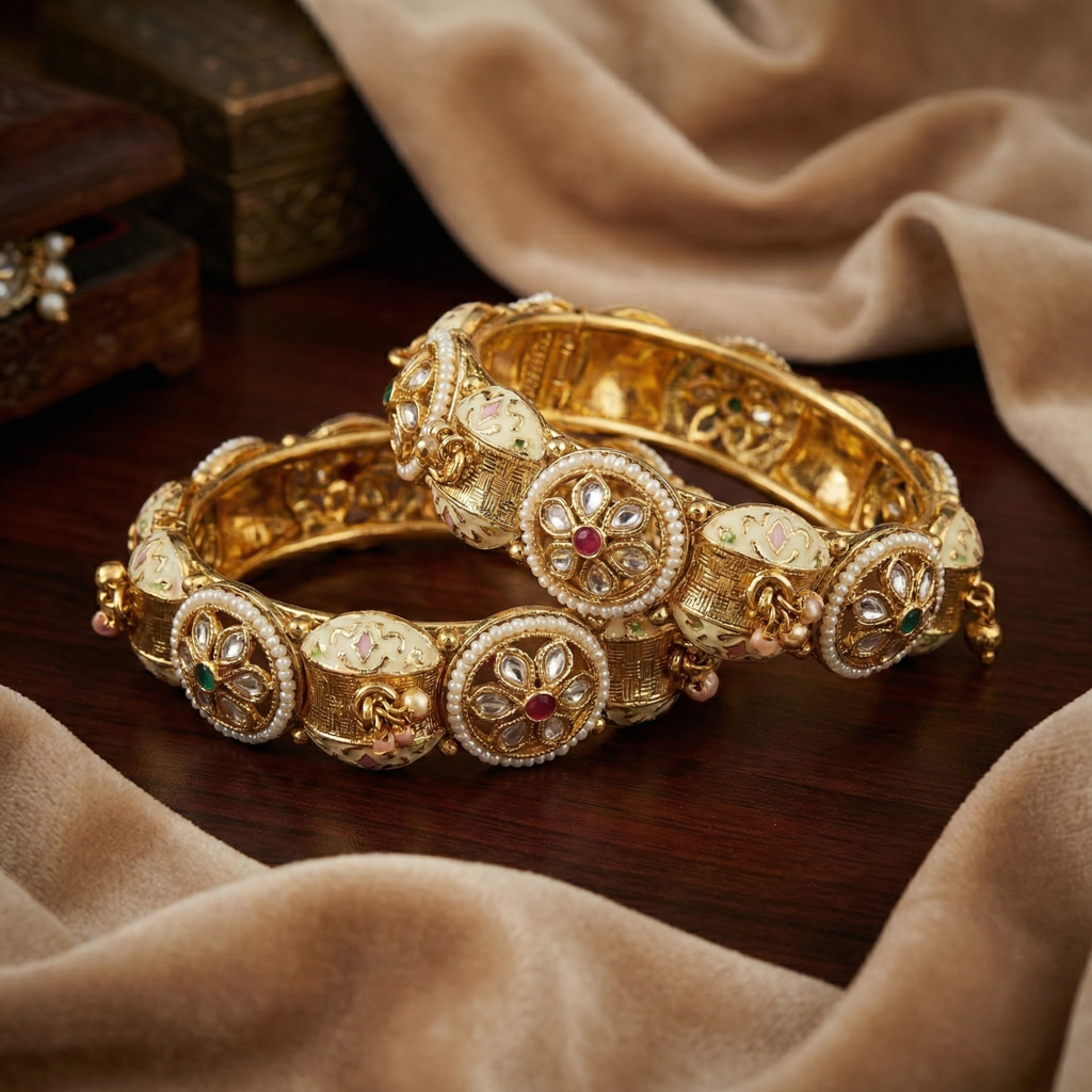 Royal Gold Plated Kundan & Meenakari Bangles With Pearl Accents : BV-BG-12-24