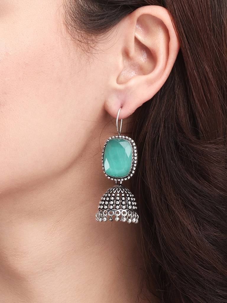 Oxidised Silver Cabochon Jhumka Drops : F23MHER014MNT