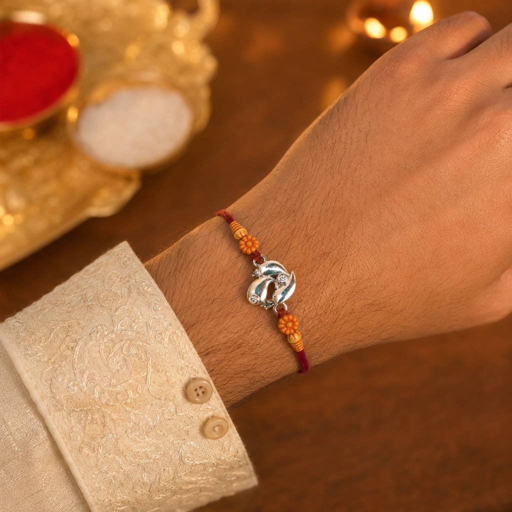 925 Sterling Silver Ganesh Rudraksha & Elegant Ganesh Rakhi Combo : TWIN061