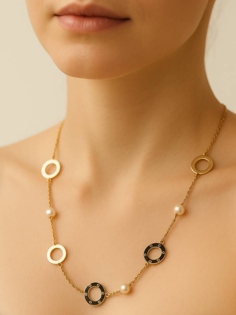 18K Gold Plated Pearl & Circular Motif Necklace Â Anti Tarnish, Everyday : ATC628CMPN