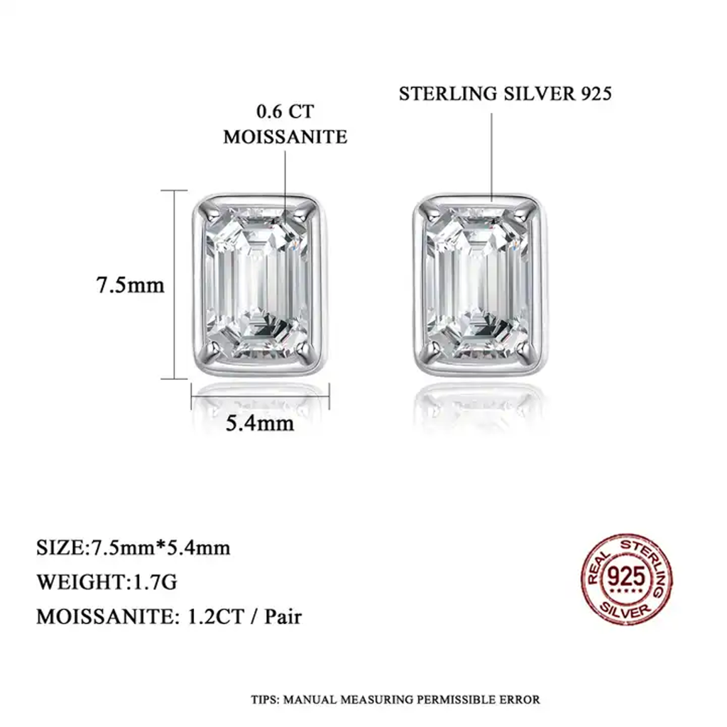 1.2 Ct / Pair Crystal Clear Confidence Emerald Cut Moissanite Studs : Emerald_1.2