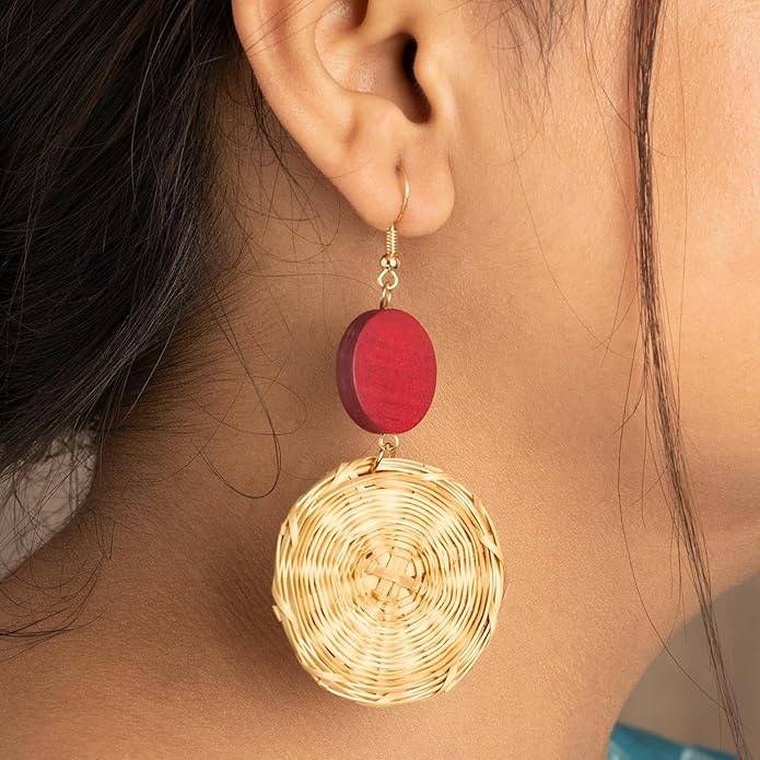 Boho Wooden Weave Circular Drop Earrings : HSPS60MB0545