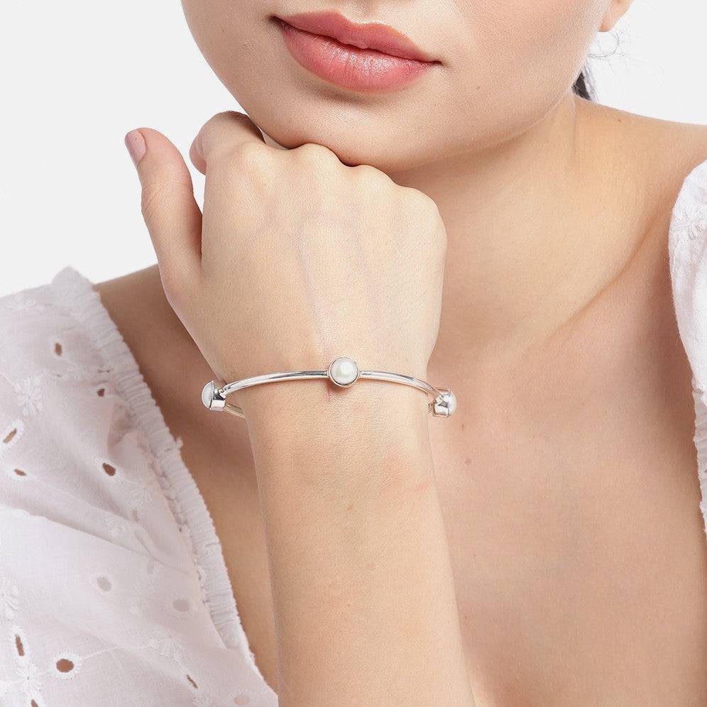 Pearl Rhodium Plated 925 Sterling Silver Bangle : BA-90004-PAIR-2-6
