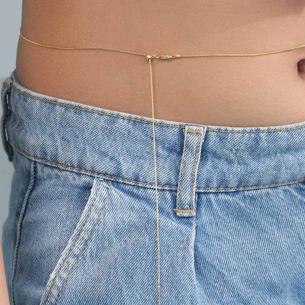 Sleek Gold Plated 925 Sterling Silver Box Chain Sliding Waist Chain : WC-10011-G-36-INCH