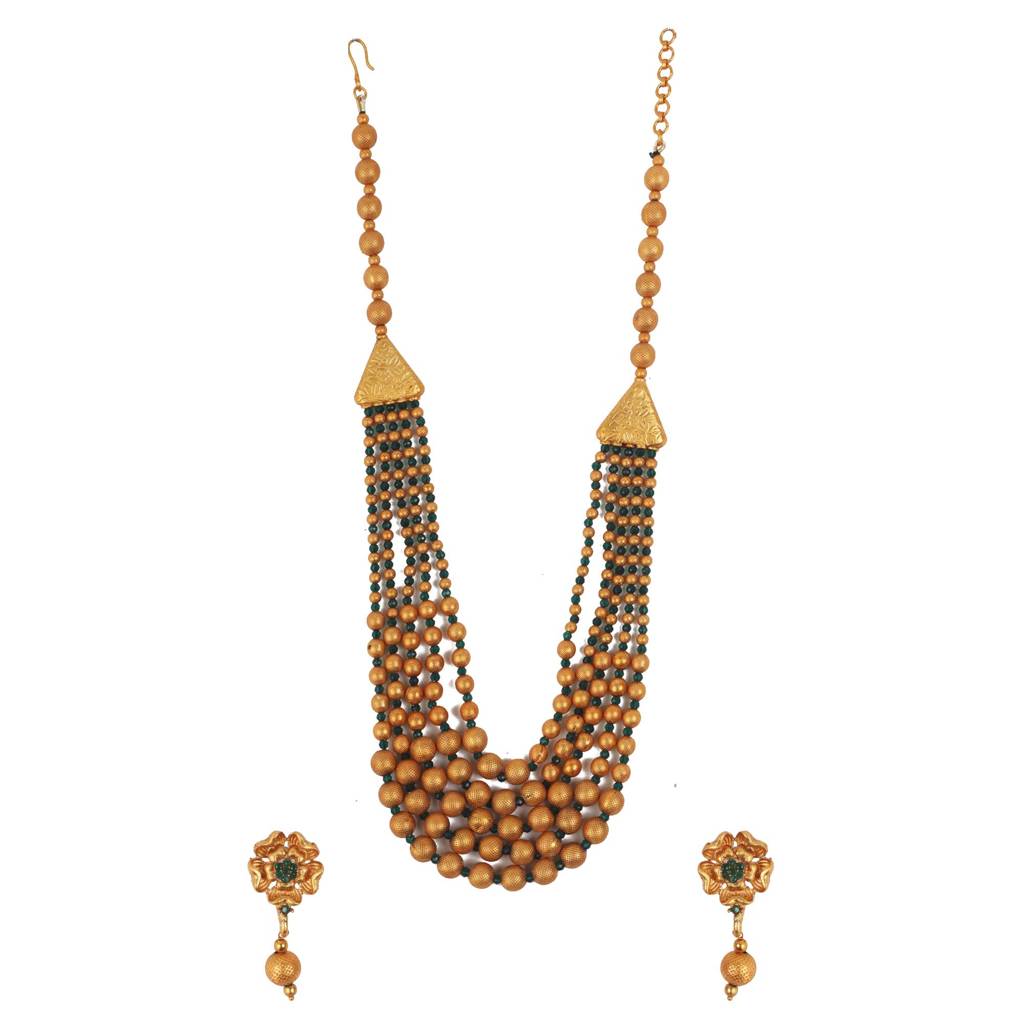 Gold Plated Multilayer Brass Mala Necklace Set With Flower Earrings : MalaGreen01