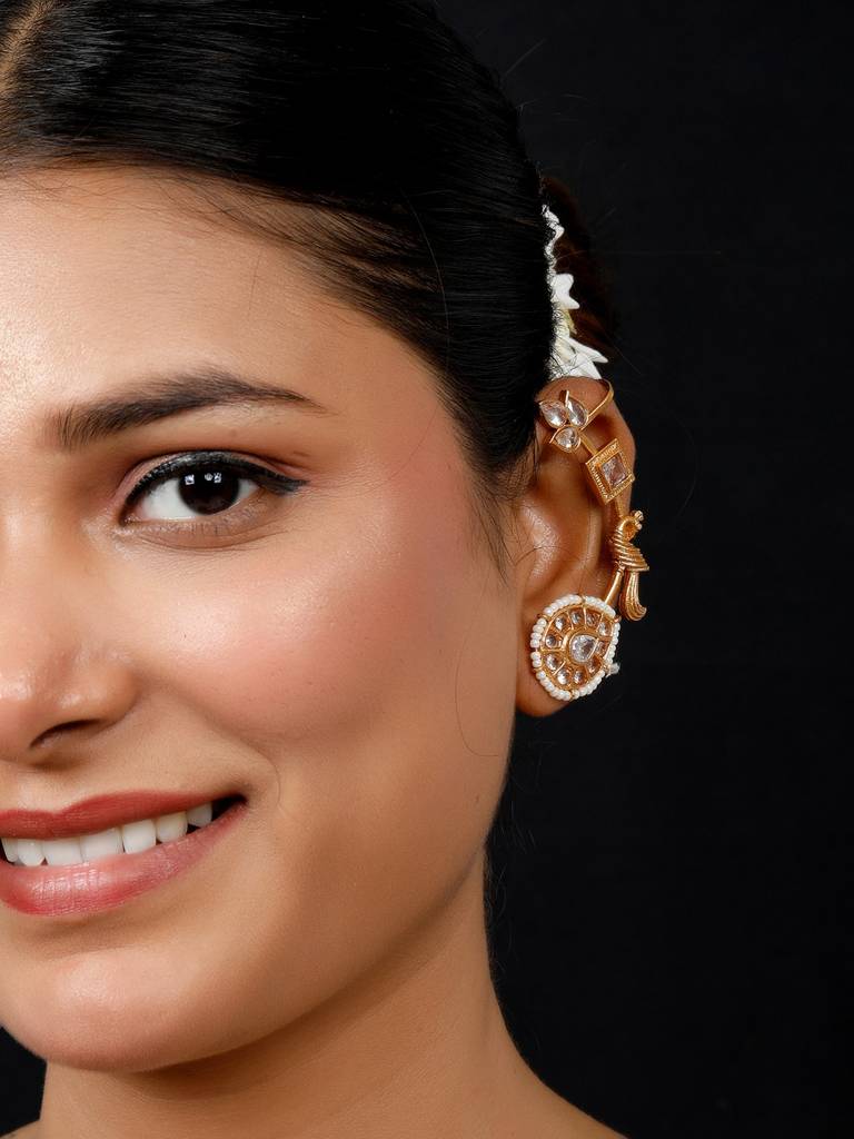 Gold-Plated Kundan Studded Peacock Shaped Ear Cuff Earrings : VI25EROX100059
