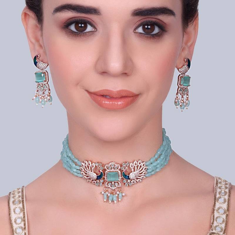 Luxury Rose Gold Finish Cz Multi String Choker Set – Bridal & Festive Wear : AD-934-RGMGNKER