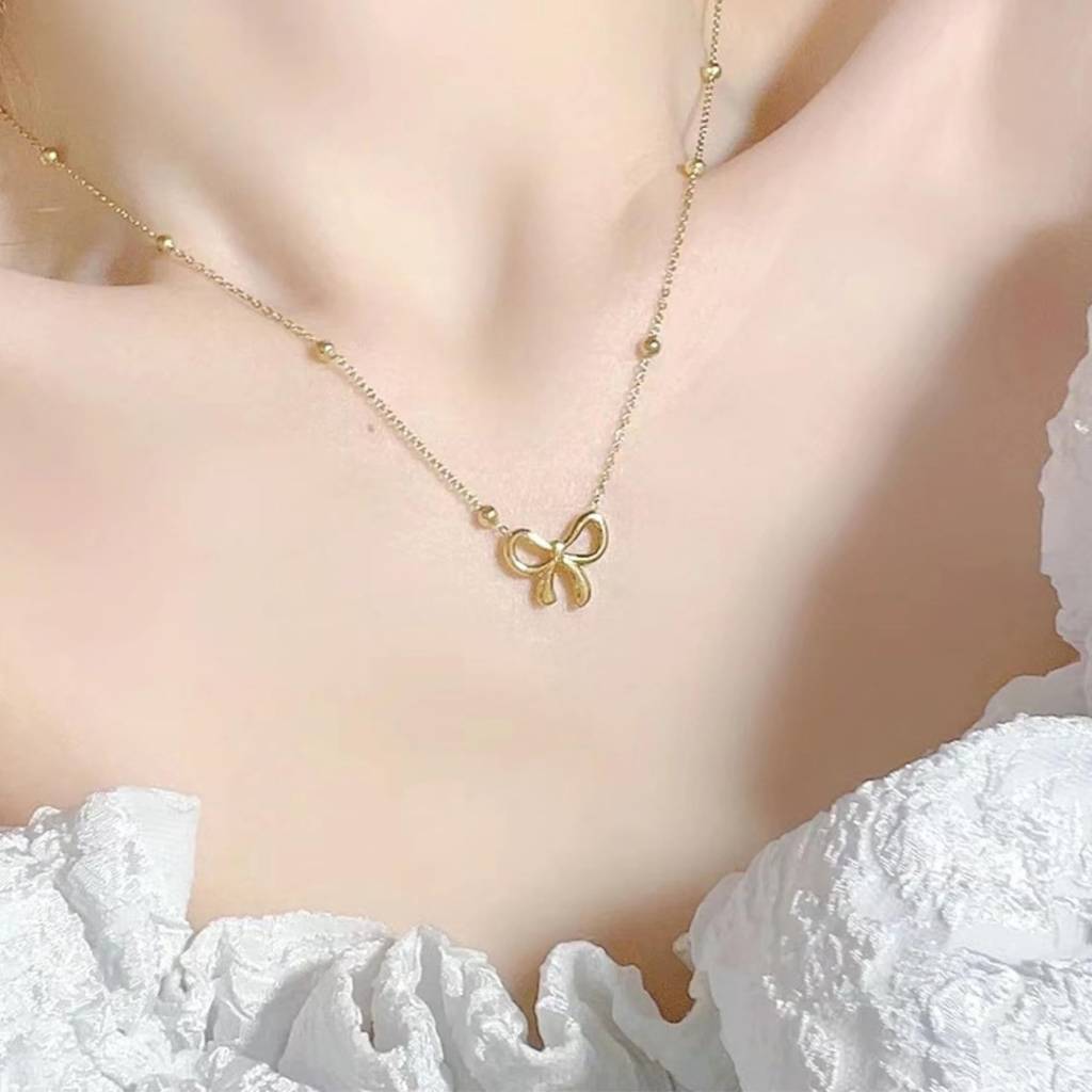 Bow With Bead Chain Necklace : NC_SS_Bow_Gld