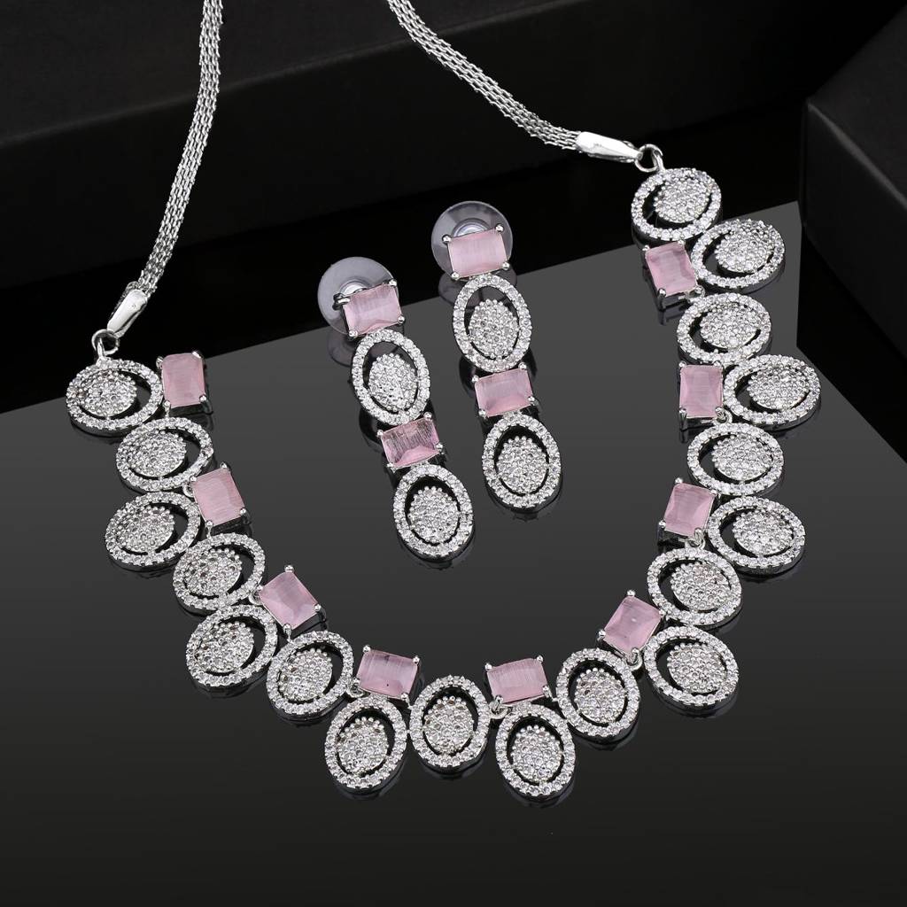 Estele Rhodium Plated Cz Elegant Necklace Set With Mint Pink Crystals For Women