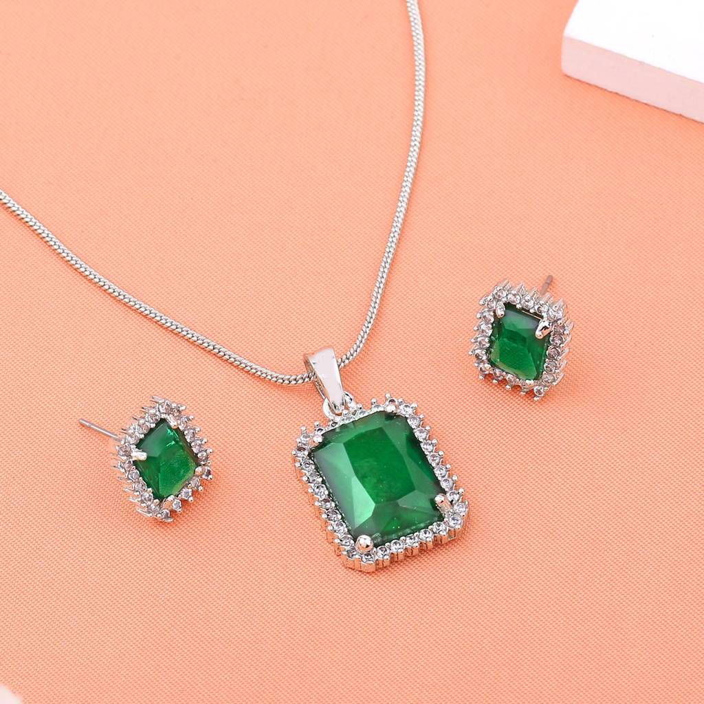 Estele Rhodium Plated Cz Square Designer Pendant Set With Emerald Stone For Women