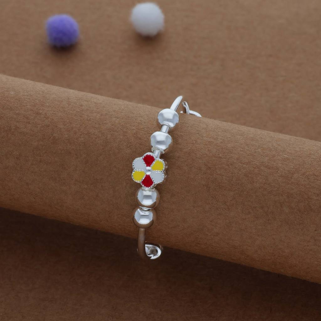 Iyal Multicolour Flower Kid Silver Bangles (0–3 Yrs) | 999 Hallmark | Adjustable Daily Wear Baby Kada | Lig : KB-CC-RH-A-163-P