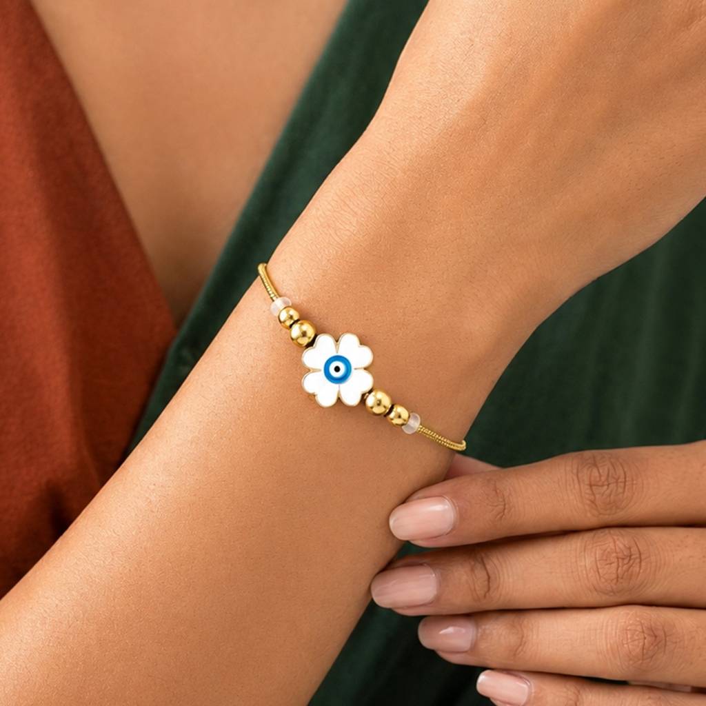 White Evil Eye Flower Gold-Tone Anti-Tarnish Bracelet For Women : JW-HSPS60MB2020