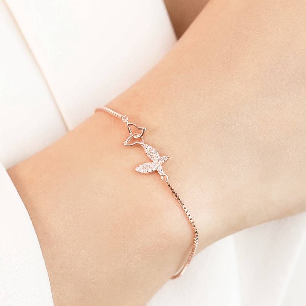 Butterfly Cubic Zirconia Rose Gold Plated 925 Sterling Silver Bracelet : BR-80299-RG