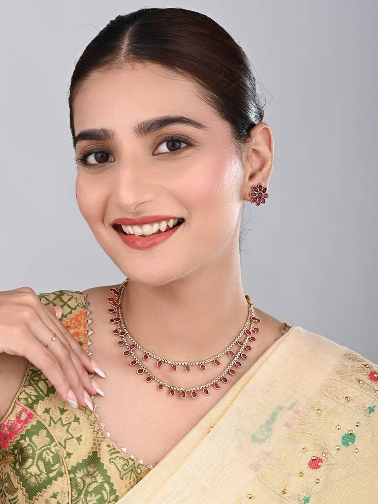 Gold Plated Delicate Double Layered Necklace Set : S24MRNKS485RED
