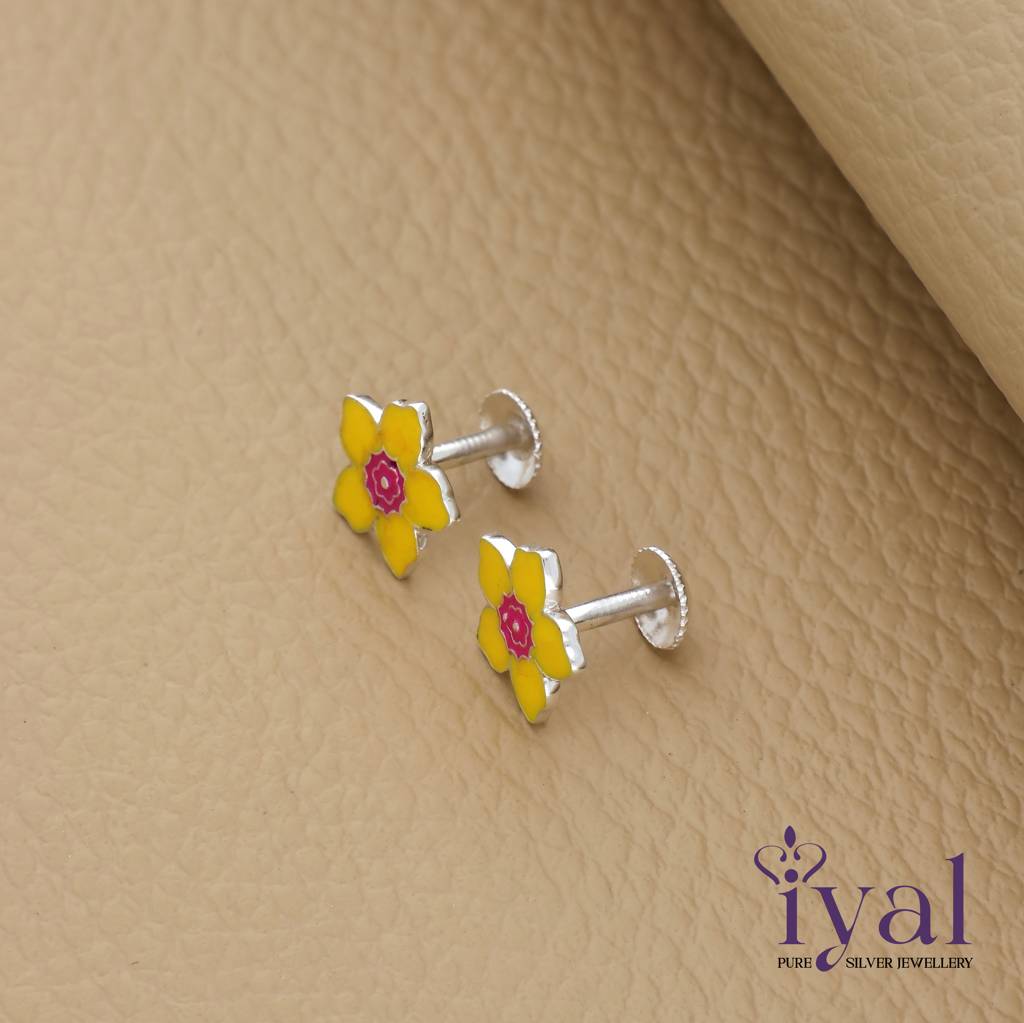 Cute Yellow Flower 925 Silver Stud For Kids (6+ Yrs) : KER-202