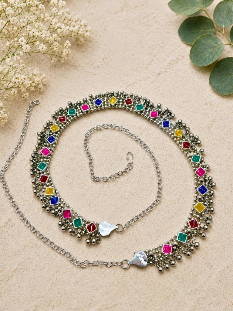 Women Oxidised Silver-Plated Multicolour Stone Studded Kamarbandh Waist Belt : VI26KB10009