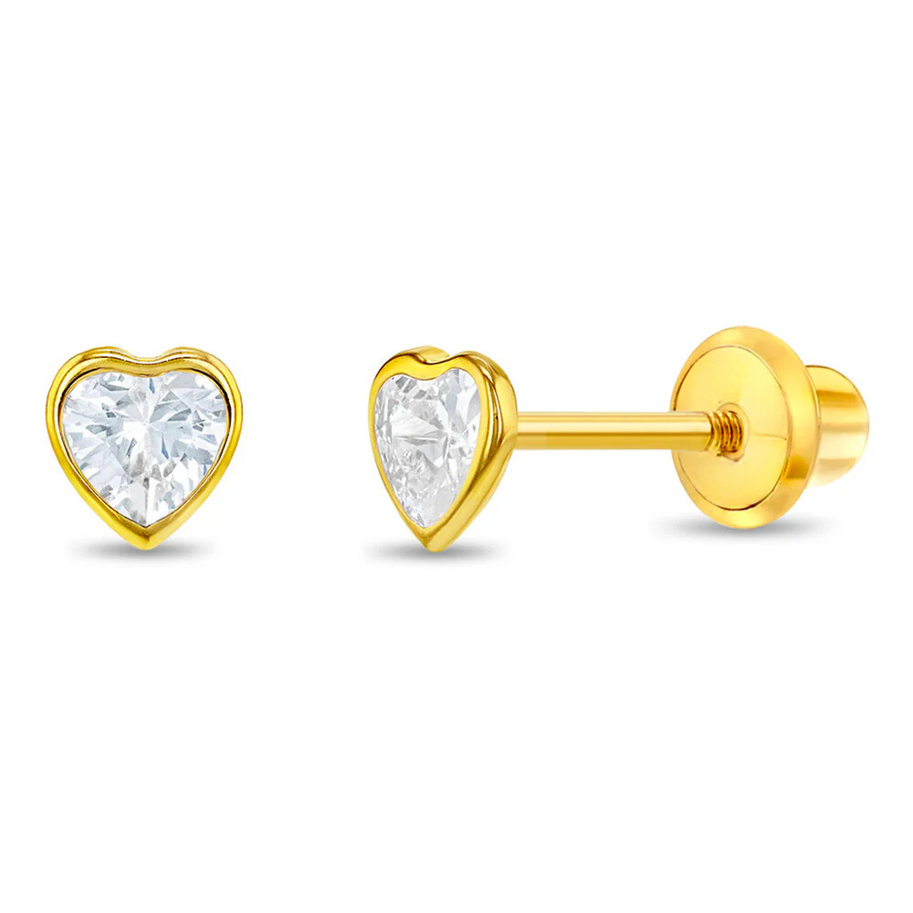 Bezel Set Cubic Zirconia Heart Stud Earrings For Baby Girls In 14K Gold Plated Sterling Silver : KS-YG-0002