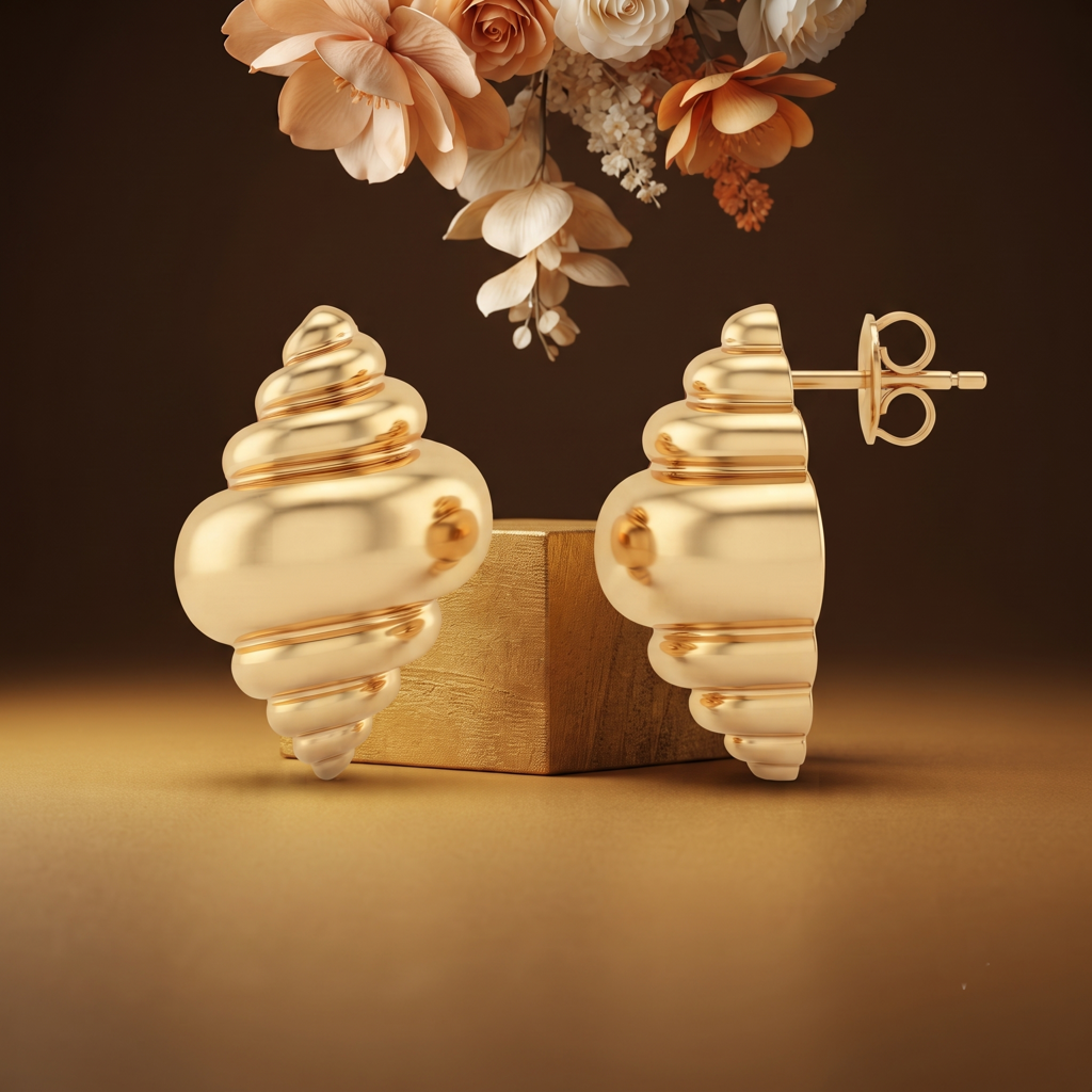 Gold Plated Brass Seashell Spiral Stud Earrings : SCDELER0461