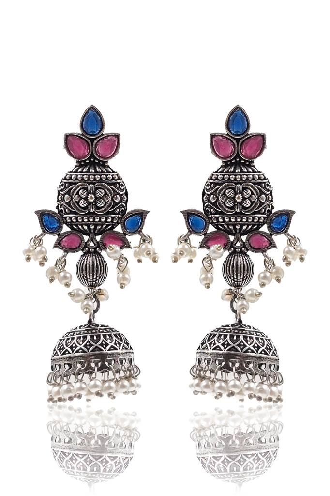 Oxidised Silver Aqua & Ruby Pearl Jhumkas : NA_ST_ER_231_5