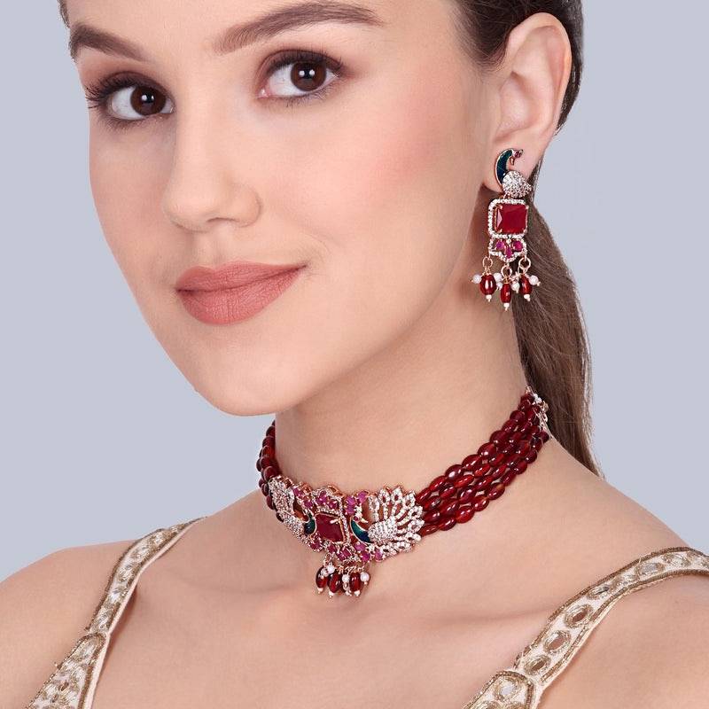Luxury Rose Gold Finish Cz Multi String Choker Set – Bridal & Festive Wear : AD-934-RGRBNKER