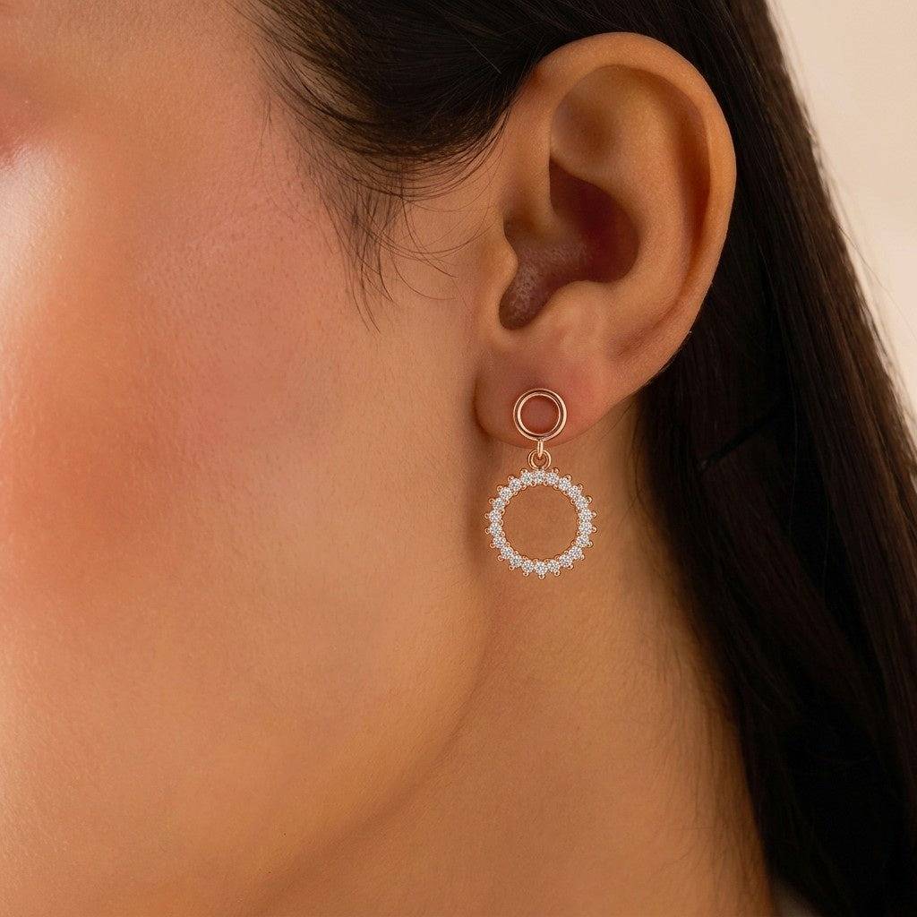 Halo Circle Rose Gold Plated 925 Sterling Silver Drop Earrings : EAR-21055-RG