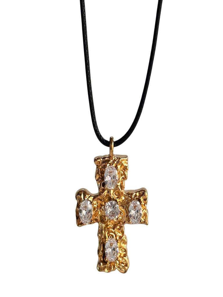 Mens Hammered Cross Pendant Necklace With Black Cord 18K Gold Plated Waterproof Anti-Tarnish : ADZ0925P515G_M