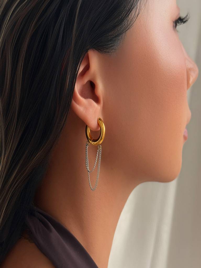 Eternz Certified Jewellery - AQUASTREET Ear Chain With Huggie Earrings 18K Gold Plated Waterproof Anti
