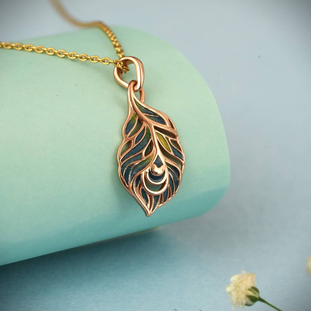 925 Silver Hypoallergenic Peacock Feather Necklace : N1218PeacockFeatherPendantlinkchain
