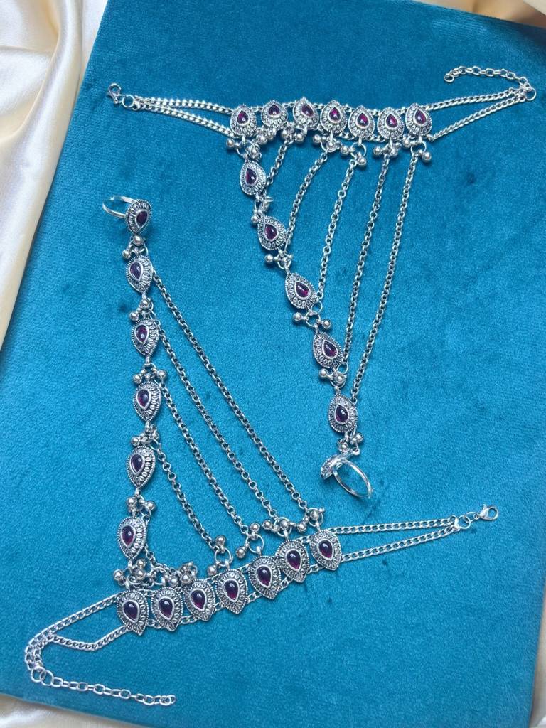 Women Oxidised Silver-Plated Pink Kundan Stone-Studded Layered Anklet With Toe Ring : VI26ANK10004