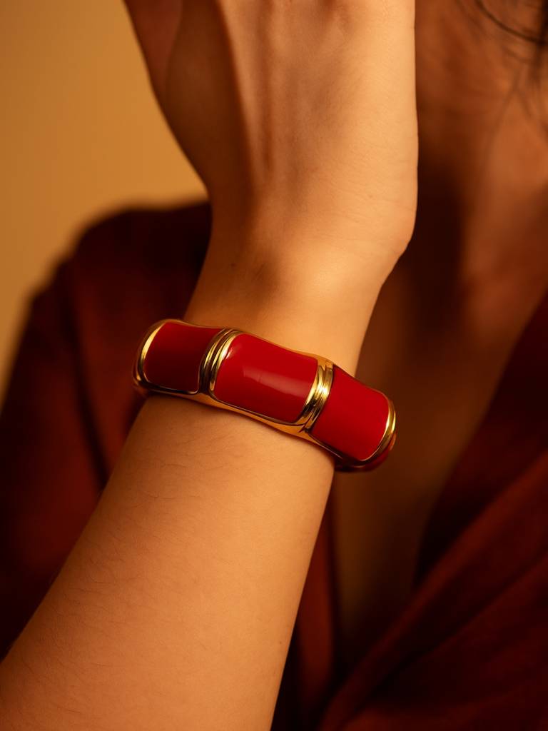 Red Enamel Hexagon Bracelet For Women Â 14K Gold Plated | Italian Meena Design | Stainless Steel : ATB561REHB
