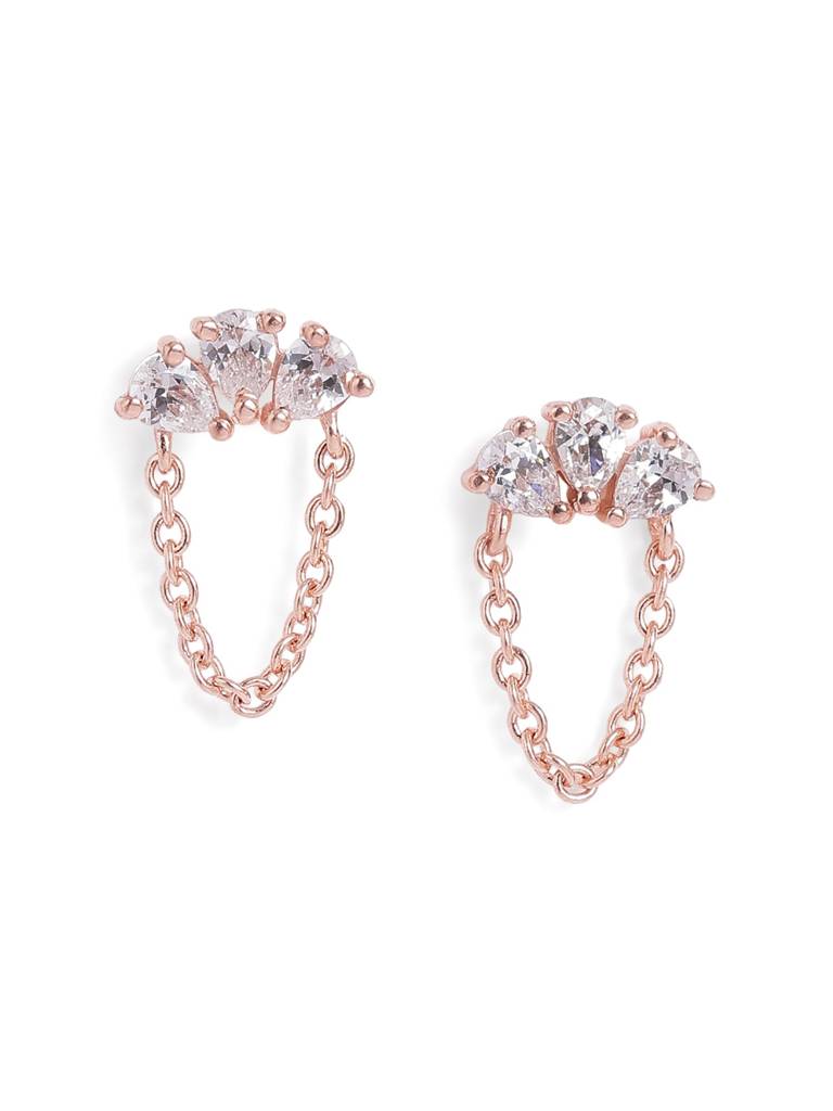 18Kt Rose Gold Plated Cz Stud And Chain Earring : FJE5867