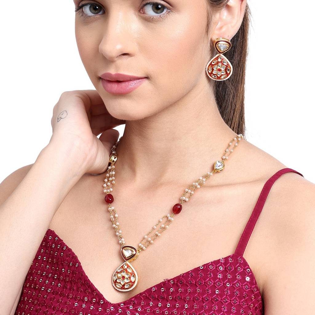 22Kt Gold-Plated Jadau Kundan Pearl Chain Necklace Set : PE25001