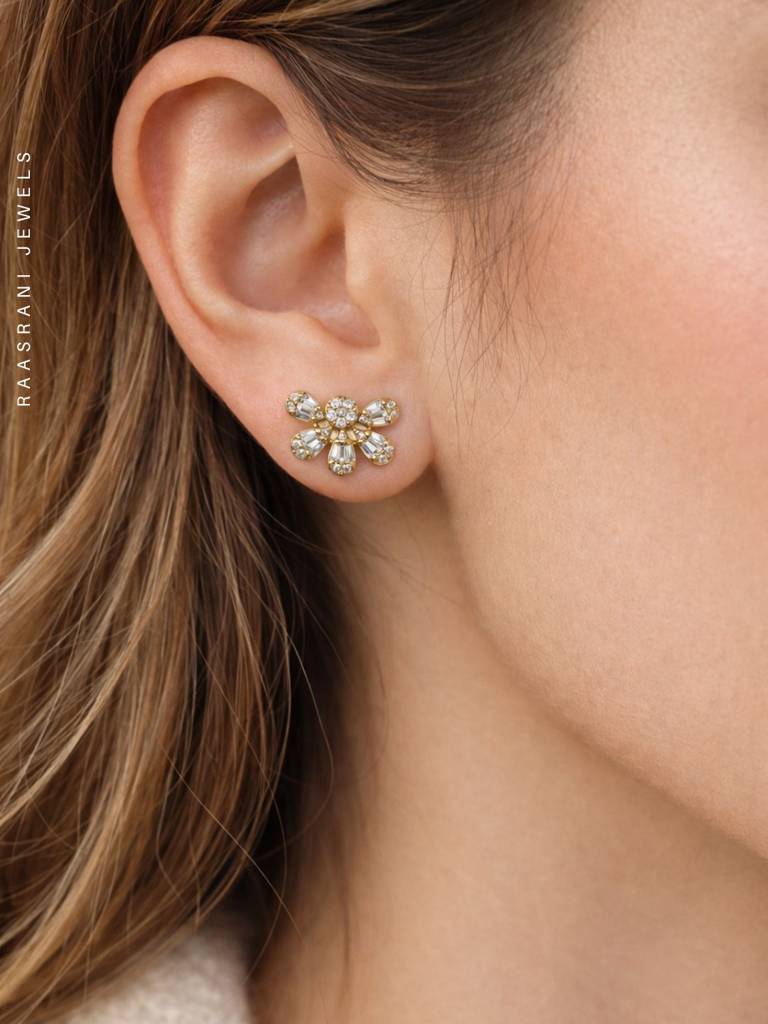 Half Floral Gold Stud Earrings With Ad Stones | Everyday Wear : S925E659HFS