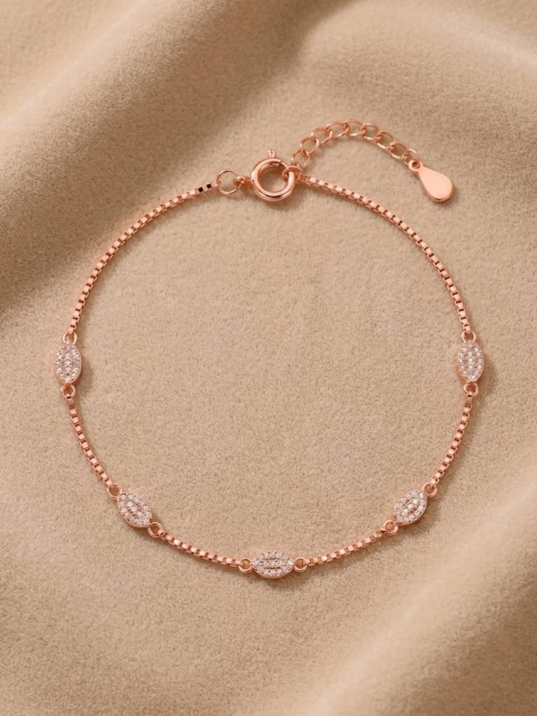 Premium Minimalist Rose Gold Pave Oval Station Anklet On Delicate Box Chain : AK1142