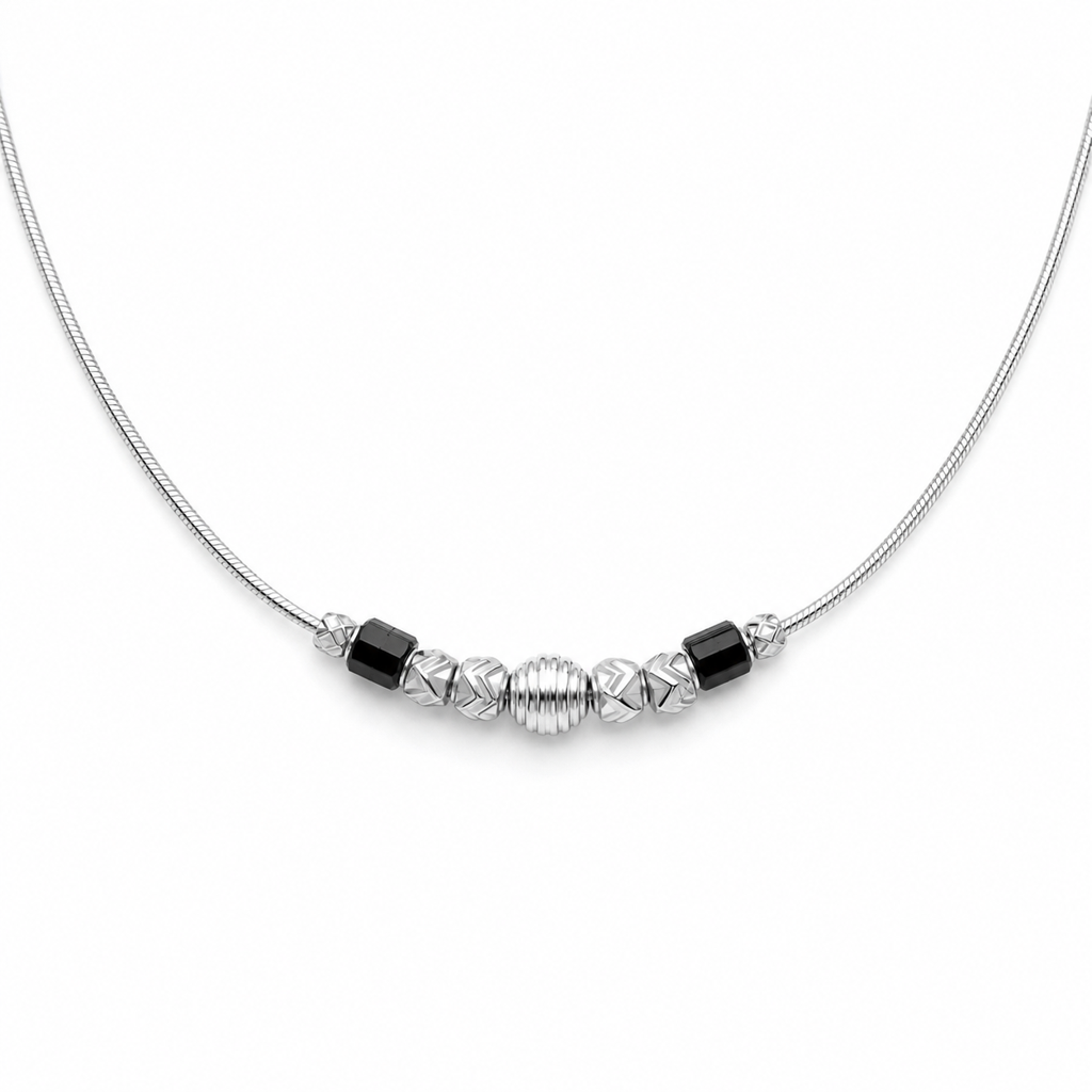 Silver Black Bead Minimal Anklet : AN03635