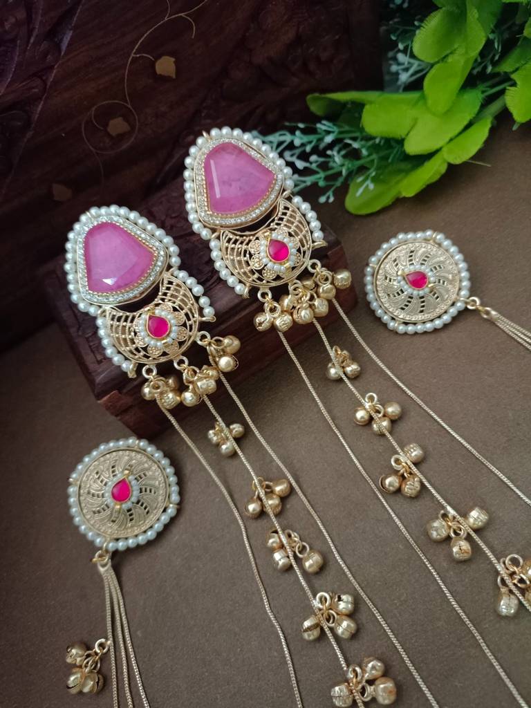 Brass-Plated Kundan Studded & Ghungroo Beaded Kashmiri Earrings With Earchains : VS105344