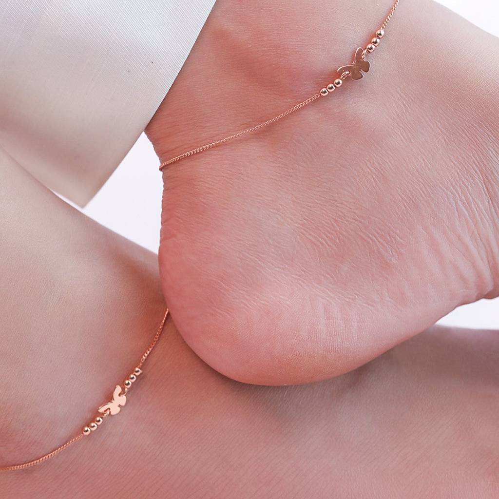 Beaded Butterfly Rose Gold 925 Sterling Silver Chained Anklet : ANK-60261-PAIR